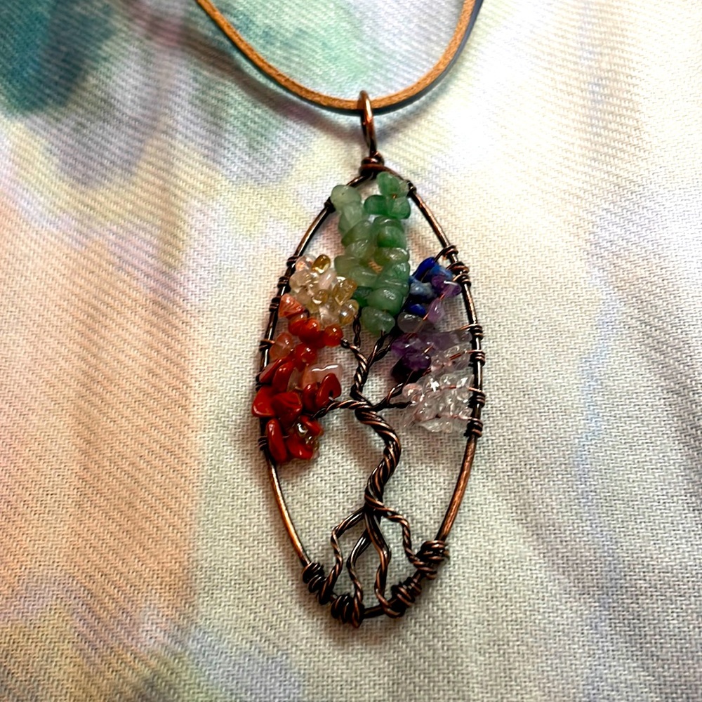 New wire wrapped tree of life copper pendant, large size with colorful stones